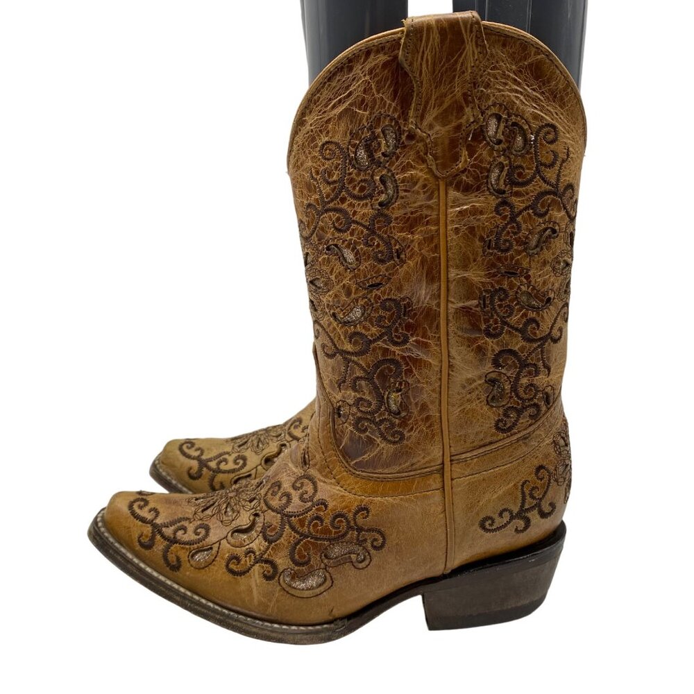 Jar Boot's Made in Mexico Tan Leather Cut-Out/Embroidery Snip Toe boots Girl 1 - Picture 4 of 14
